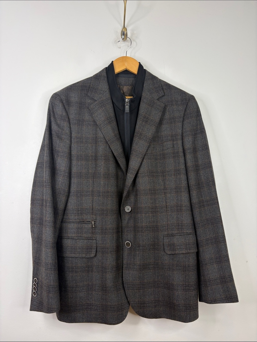 Empire 1917 Travel Blazer Mens 44R Gray Brown Plaid Wool Knit Gilet Vest Jacket